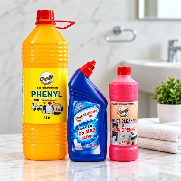 Cleanify Bathroom Combo bundle: Toilet Cleaner Gel 500ml, Toilet Cleaner & Drain Opener 550ml and Perfumed White Phenyle 3L