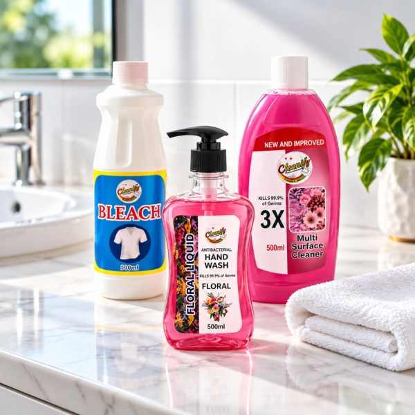 Cleanify Home Hygiene Starter Pack bundle: Hand Wash Liquid 500ml, Liquid Bleach 550ml and Multi Surface Cleaner 500ml