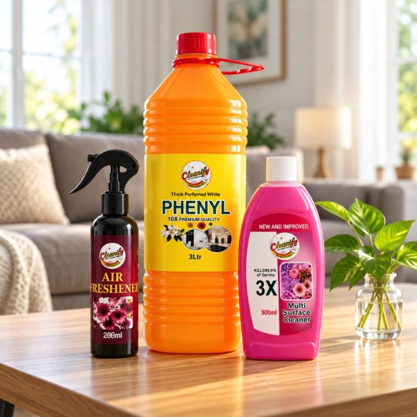 Cleanify Fresh & Clean Home Pack bundle: Multi Surface Cleaner 1L, Air Freshener 200ml and Perfumed White Phenyle 3L