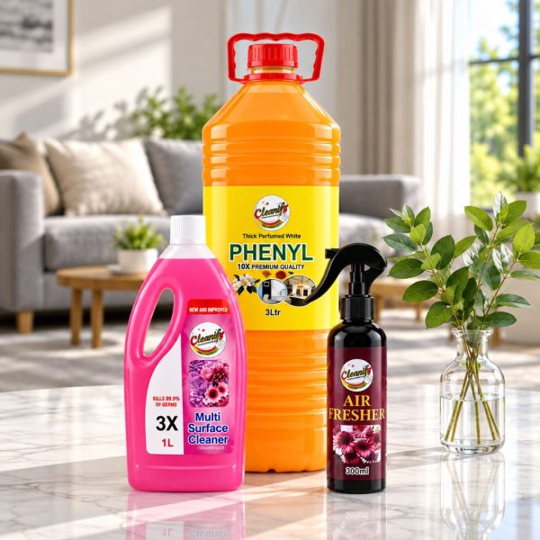 Cleanify Fresh Home Pack bundle: Air Freshener 200ml, Perfumed White Phenyle 3L and Multi Surface Cleaner 500ml