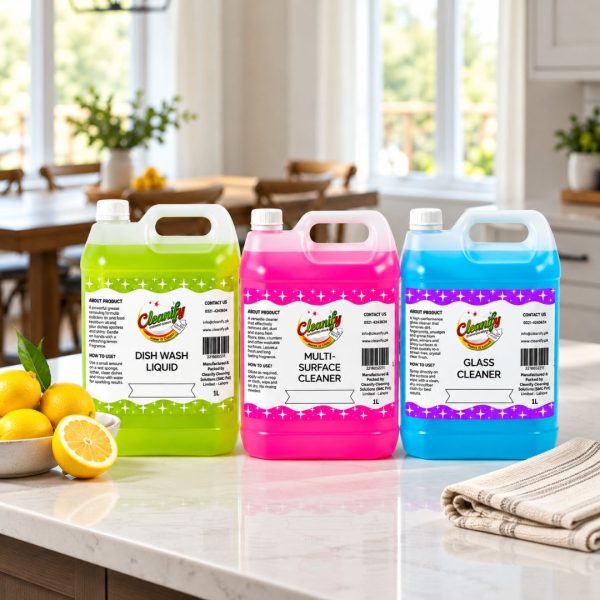 Cleanify Family Size Kitchen Pack bundle: Dish Wash Liquid 5L, Multi Surface Cleaner 5L and Glass Cleaner 5L