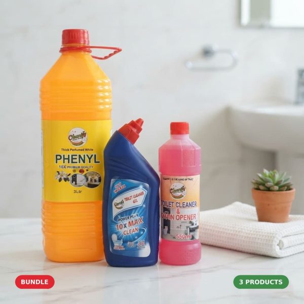 Cleanify Bathroom Combo bundle: Toilet Cleaner Gel 500ml, Toilet Cleaner & Drain Opener 550ml and Perfumed White Phenyle 3L