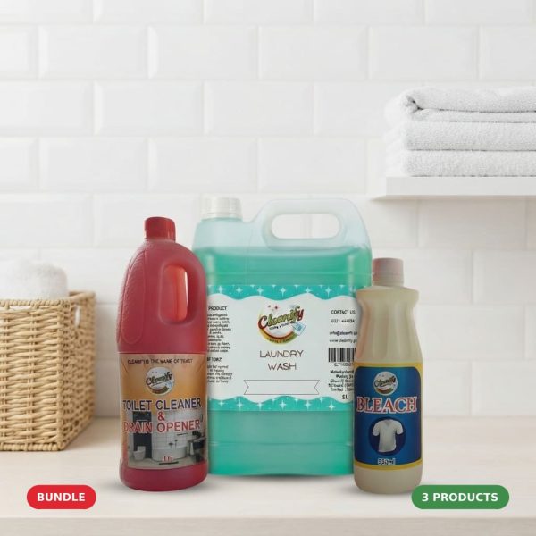 Cleanify Bathroom & Laundry Pack bundle: Toilet Cleaner & Drain Opener 1L, Liquid Bleach 550ml and Laundry Wash 5L