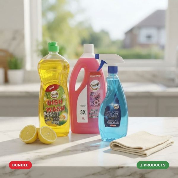 Cleanify Complete Kitchen Pack bundle: Dish Wash Liquid 1L, Multi Surface Cleaner 1L and Glass Cleaner 500ml