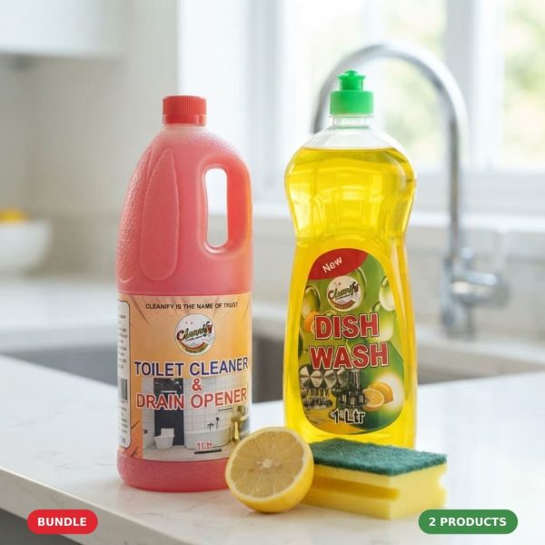 Cleanify Dish & Drain Duo bundle: Dish Wash Liquid 1L and Toilet Cleaner & Drain Opener 1L
