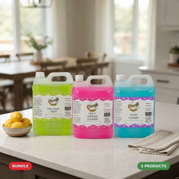 Cleanify Family Size Kitchen Pack bundle: Dish Wash Liquid 5L, Multi Surface Cleaner 5L and Glass Cleaner 5L