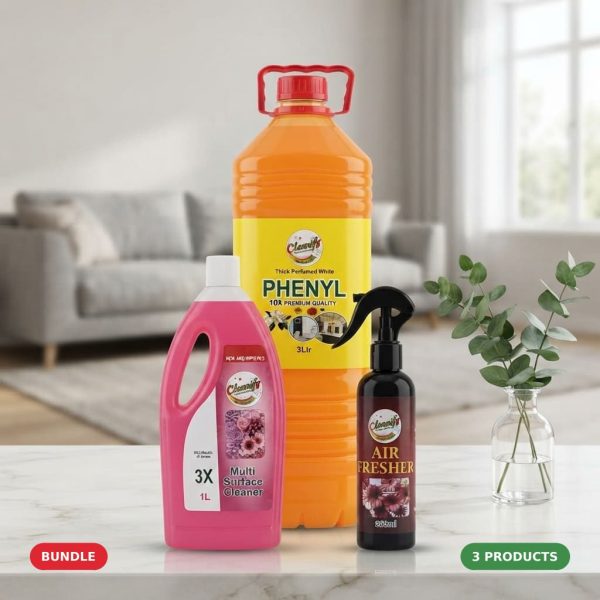 Cleanify Fresh & Clean Home Pack bundle: Multi Surface Cleaner 1L, Air Freshener 200ml and Perfumed White Phenyle 3L