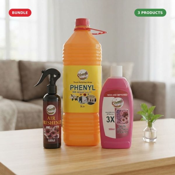 Cleanify Fresh Home Pack bundle: Air Freshener 200ml, Perfumed White Phenyle 3L and Multi Surface Cleaner 500ml
