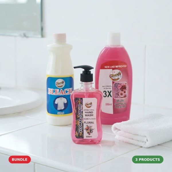 Cleanify Home Hygiene Starter Pack bundle: Hand Wash Liquid 500ml, Liquid Bleach 550ml and Multi Surface Cleaner 500ml